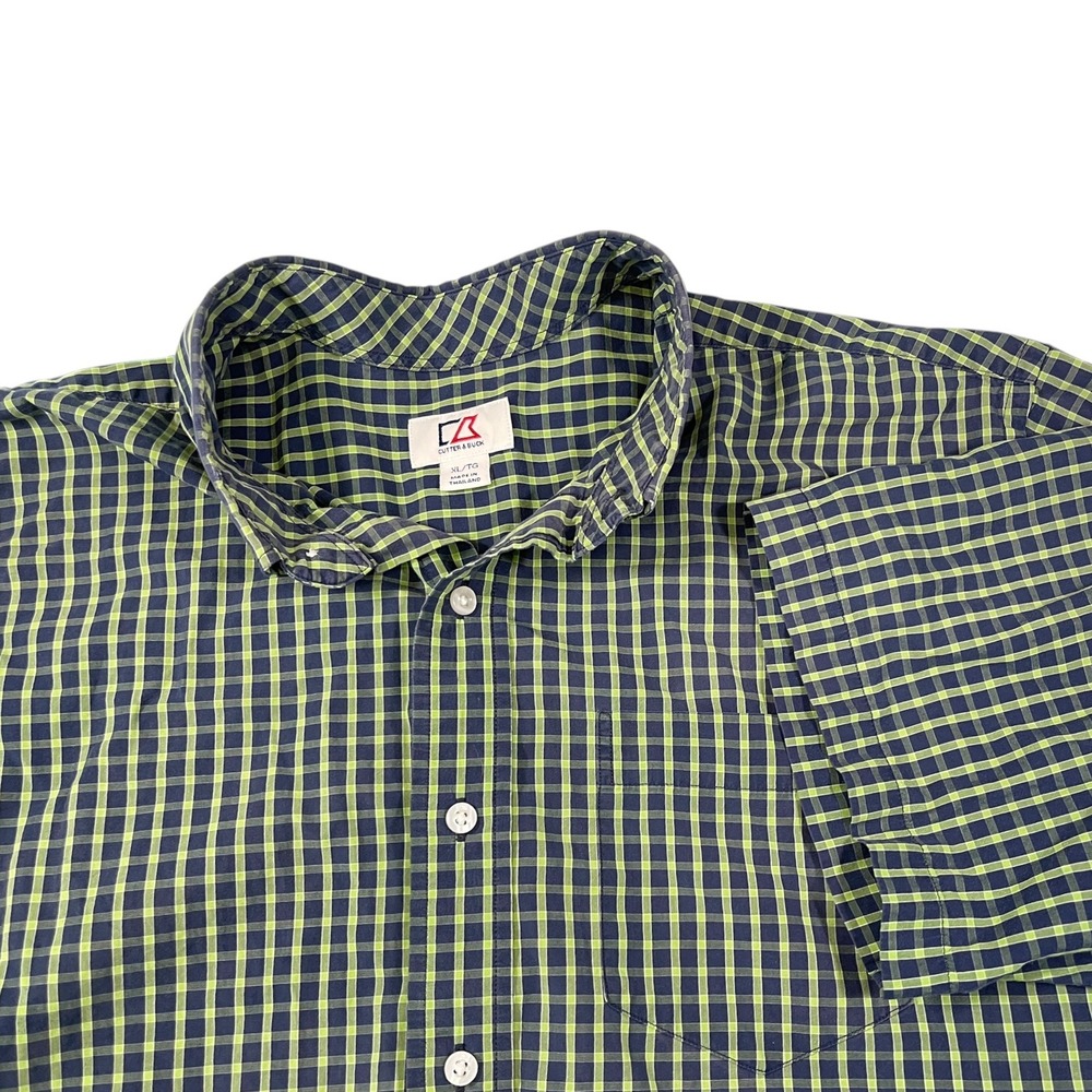 Cutter & Buck XL Blue Green Plaid Button Down Shirt Short Sleeve Preppy Gingham